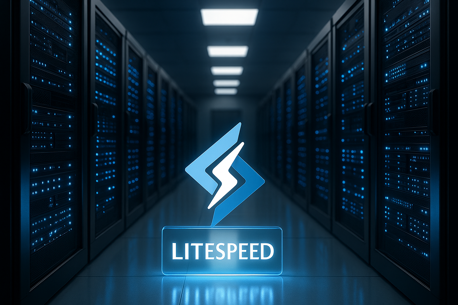 Centre de données avec racks de serveurs éclairés et technologie LiteSpeed
