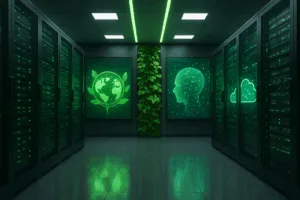 Centre de données moderne avec technologie durable et visualisation IA pour l'hébergement web en 2025