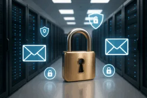 Image photoréaliste d'un centre de données avec des icônes de sécurité du courrier électronique et un verrou central.