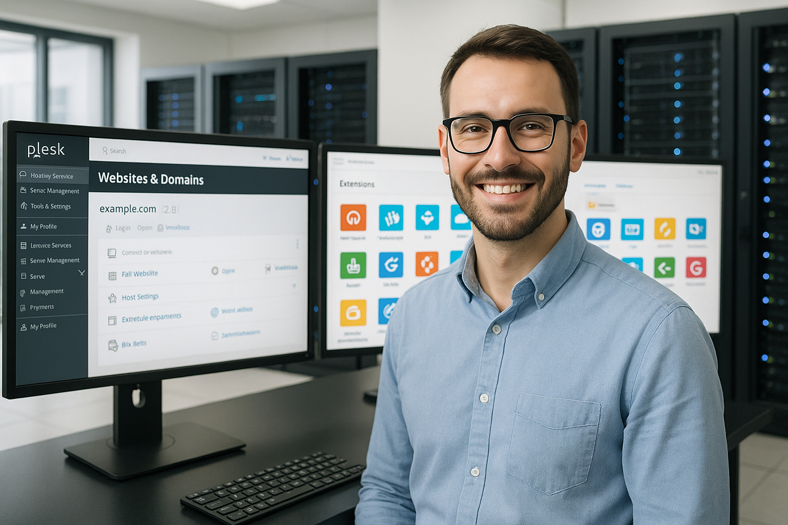 Salle des serveurs avec interface Plesk et icônes d'extension