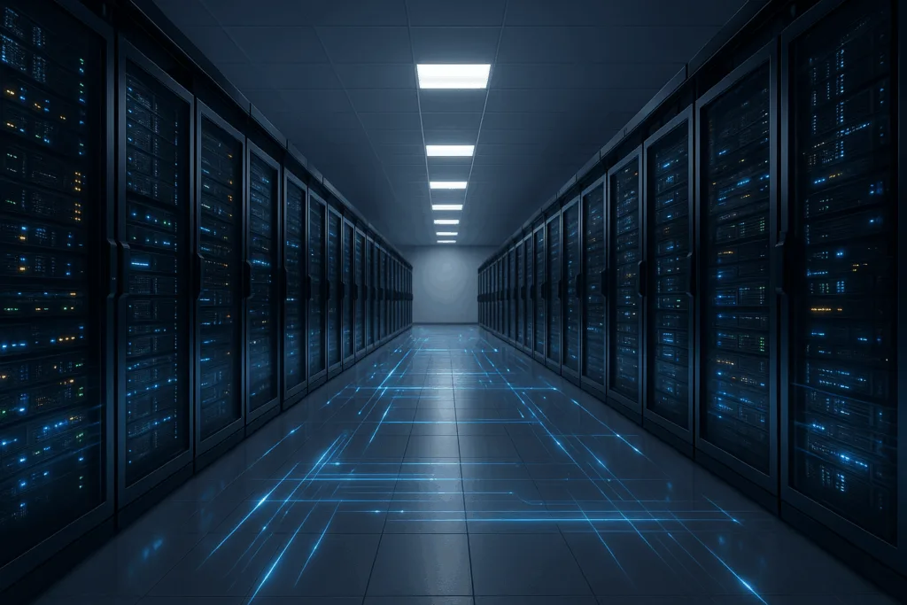Rack de serveur moderne dans un centre de données, réflexion de la lumière, représentation de la haute performance et optimisation de l'hébergement web