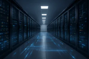 Rack de serveur moderne dans un centre de données, réflexion de la lumière, représentation de la haute performance et optimisation de l'hébergement web