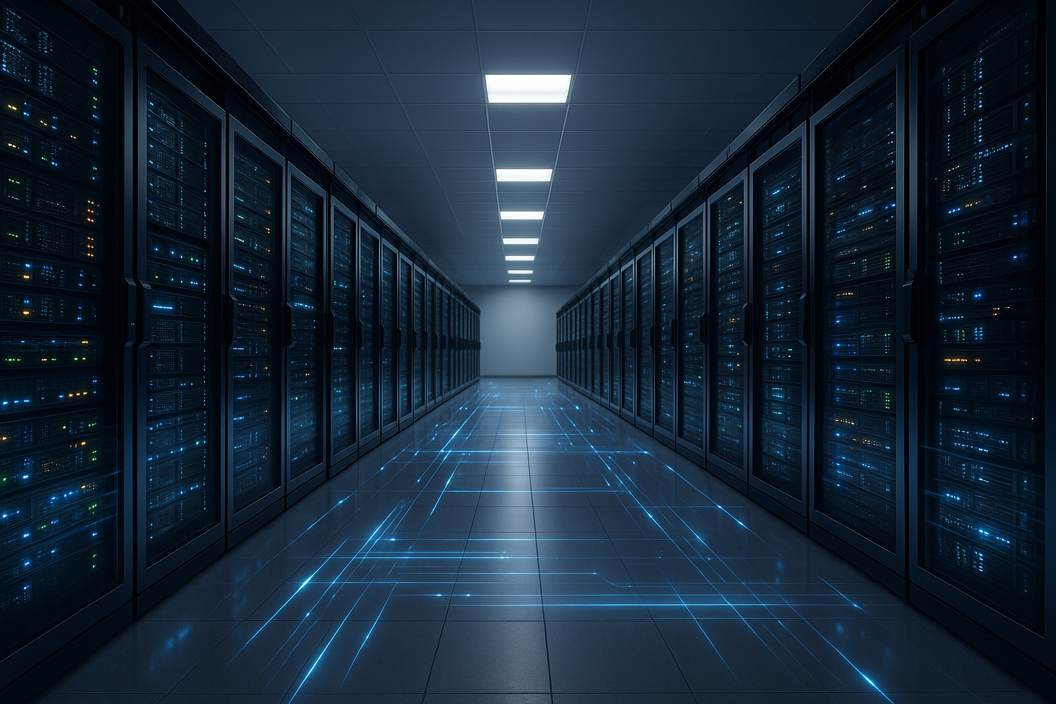 Rack de serveur moderne dans un centre de données, réflexion de la lumière, représentation de la haute performance et optimisation de l'hébergement web