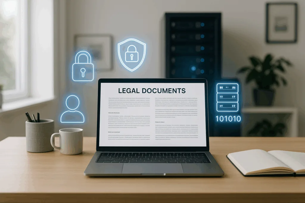 Environnement de travail moderne avec ordinateur portable et documentation juridique pour le commerce en ligne