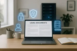 Environnement de travail moderne avec ordinateur portable et documentation juridique pour le commerce en ligne