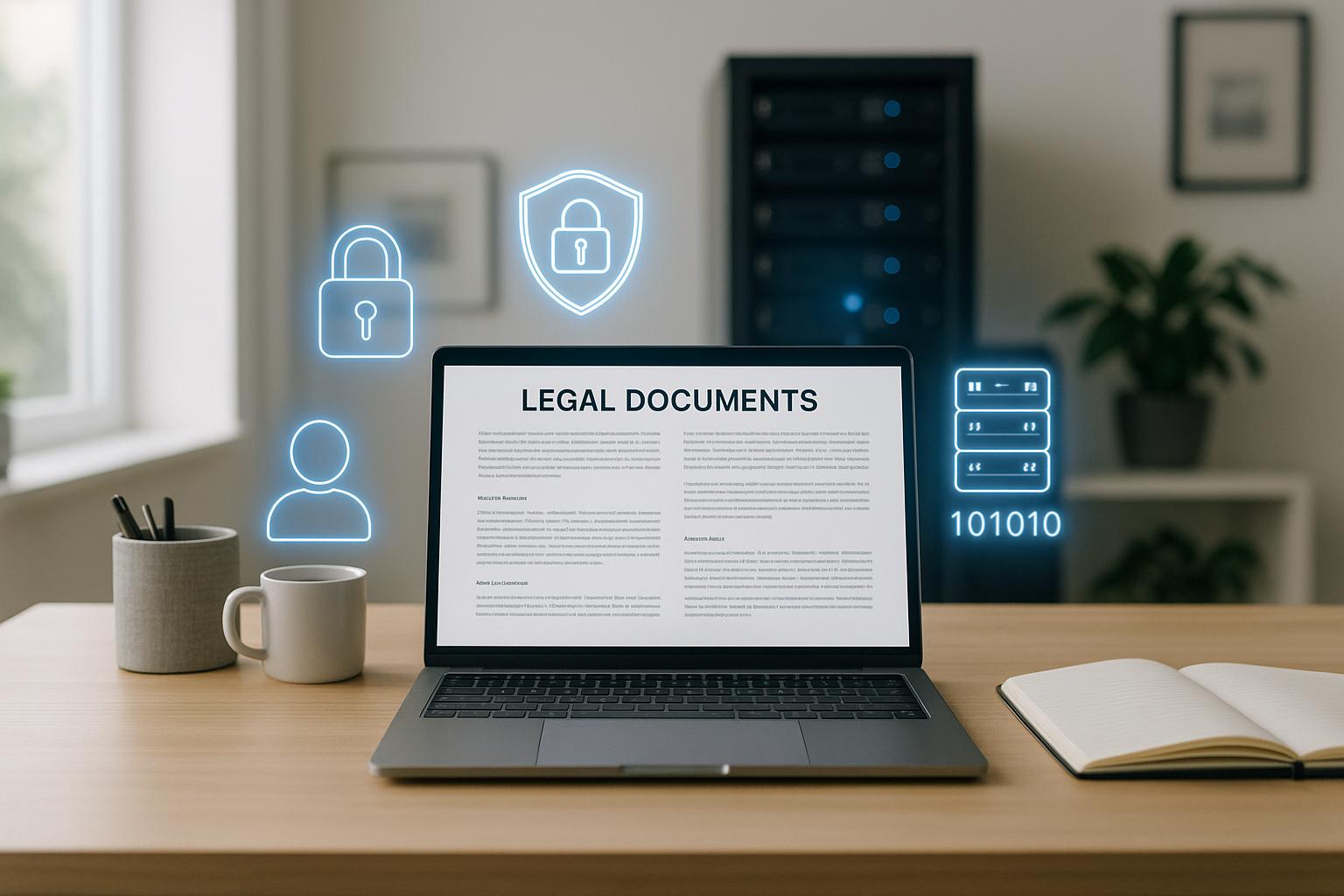 Environnement de travail moderne avec ordinateur portable et documentation juridique pour le commerce en ligne