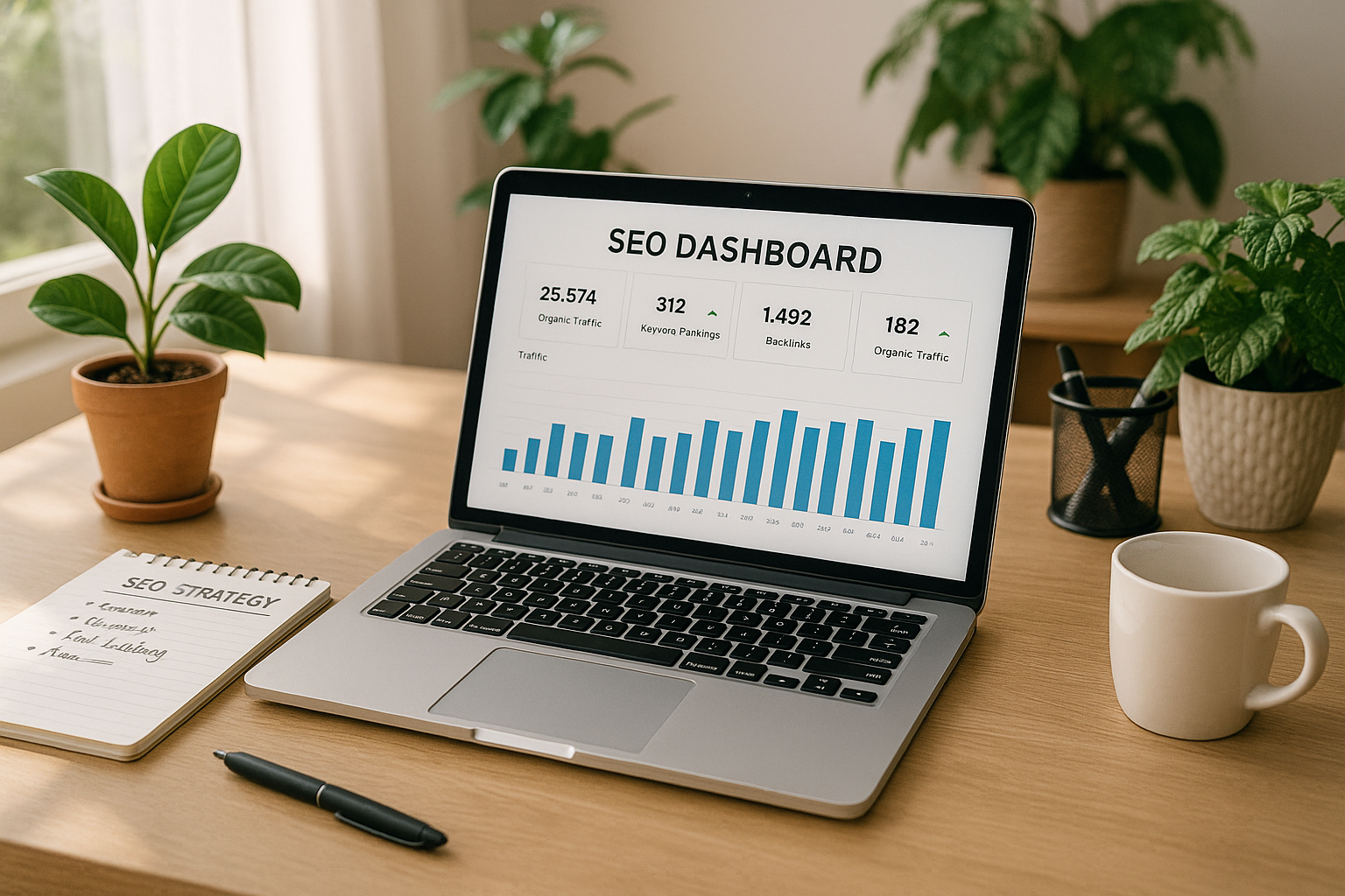 Environnement de travail SEO moderne avec ordinateur portable et outils SEO
