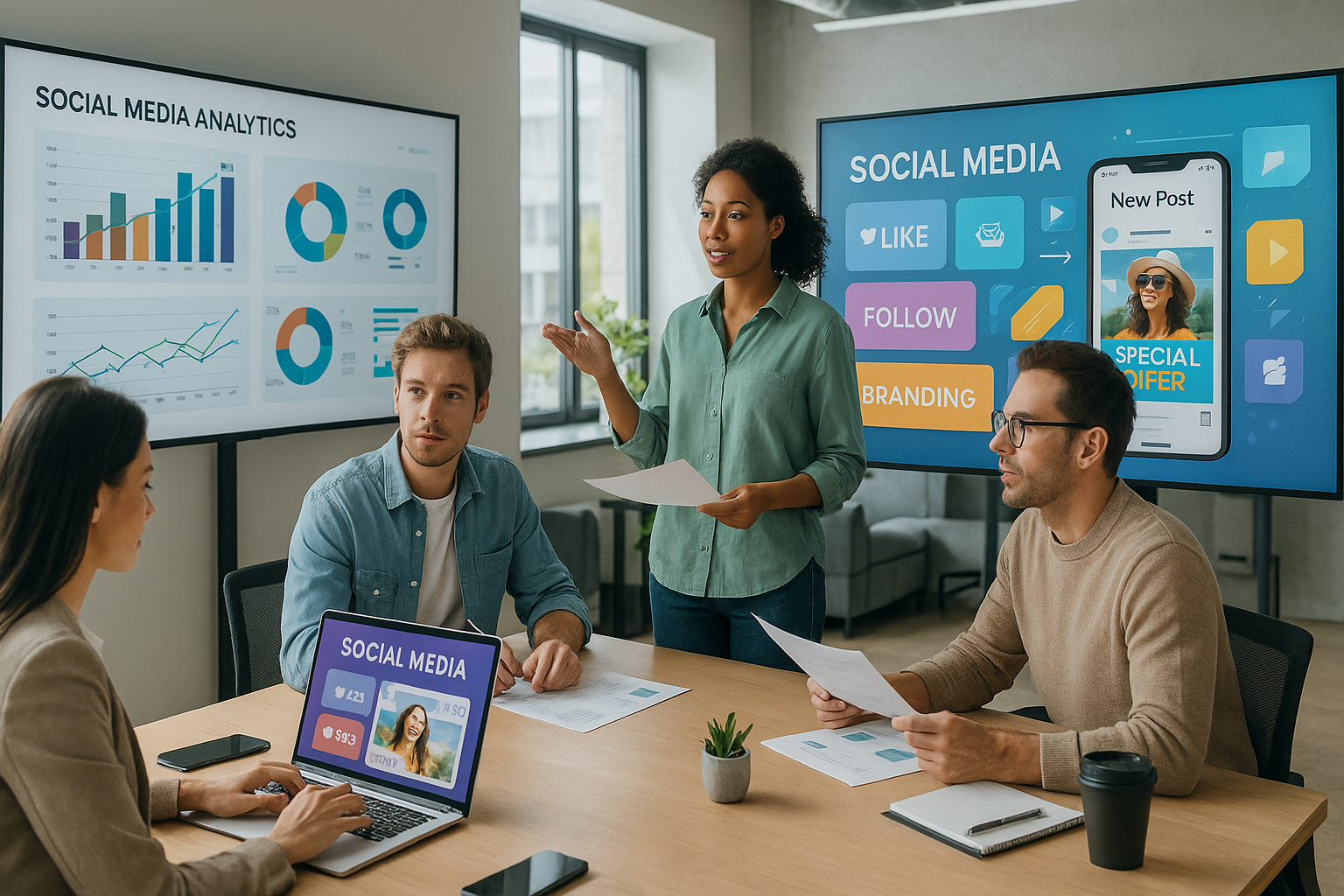 L'équipe travaille sur une stratégie créative de marketing des médias sociaux dans un bureau moderne