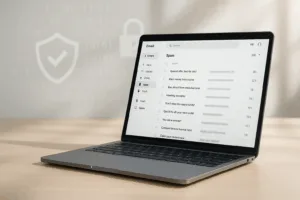 Ordinateur portable avec programme de messagerie ouvert et filtre anti-spam activé sur un bureau