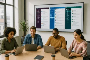 L'équipe travaille avec des applications de communication d'équipe dans un bureau moderne