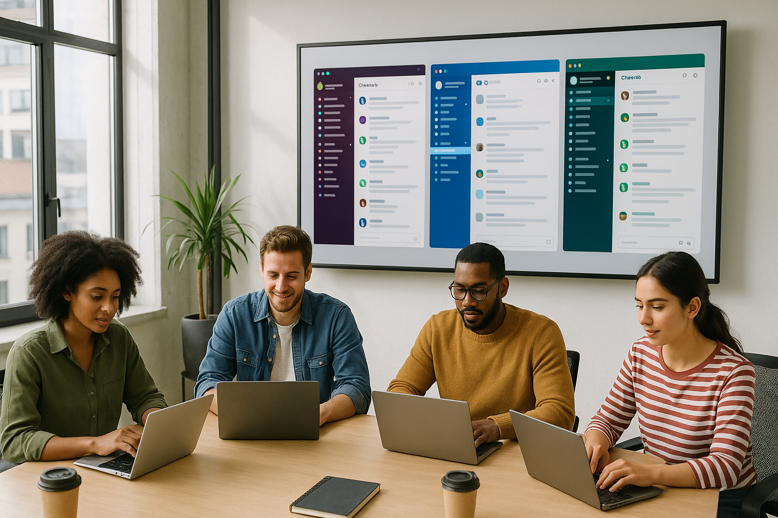 L'équipe travaille avec des applications de communication d'équipe dans un bureau moderne