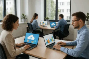 Bureau moderne avec ordinateurs portables, logiciels de gestion et diagrammes numériques