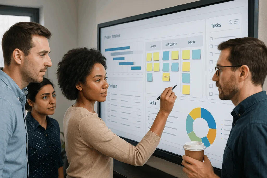 Une équipe travaillant avec un tableau blanc virtuel et un logiciel de gestion de projet