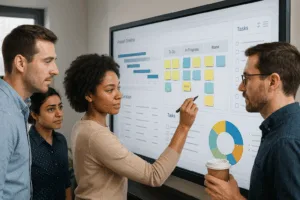 Une équipe travaillant avec un tableau blanc virtuel et un logiciel de gestion de projet