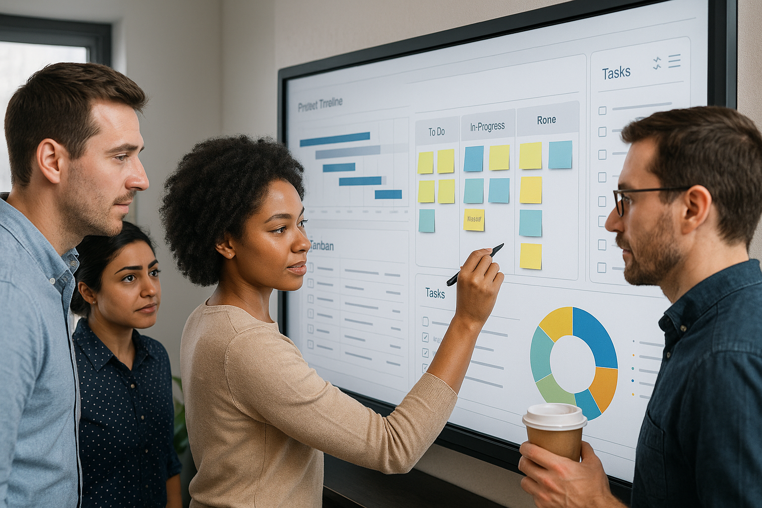Une équipe travaillant avec un tableau blanc virtuel et un logiciel de gestion de projet