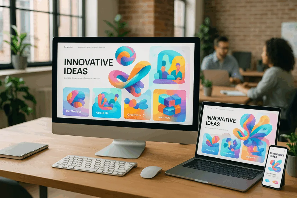 Bureau de design web moderne avec des éléments 3D innovants et des illustrations d'IA