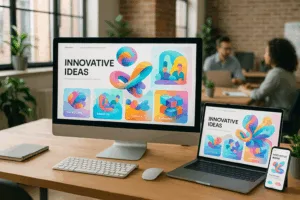 Bureau de design web moderne avec des éléments 3D innovants et des illustrations d'IA