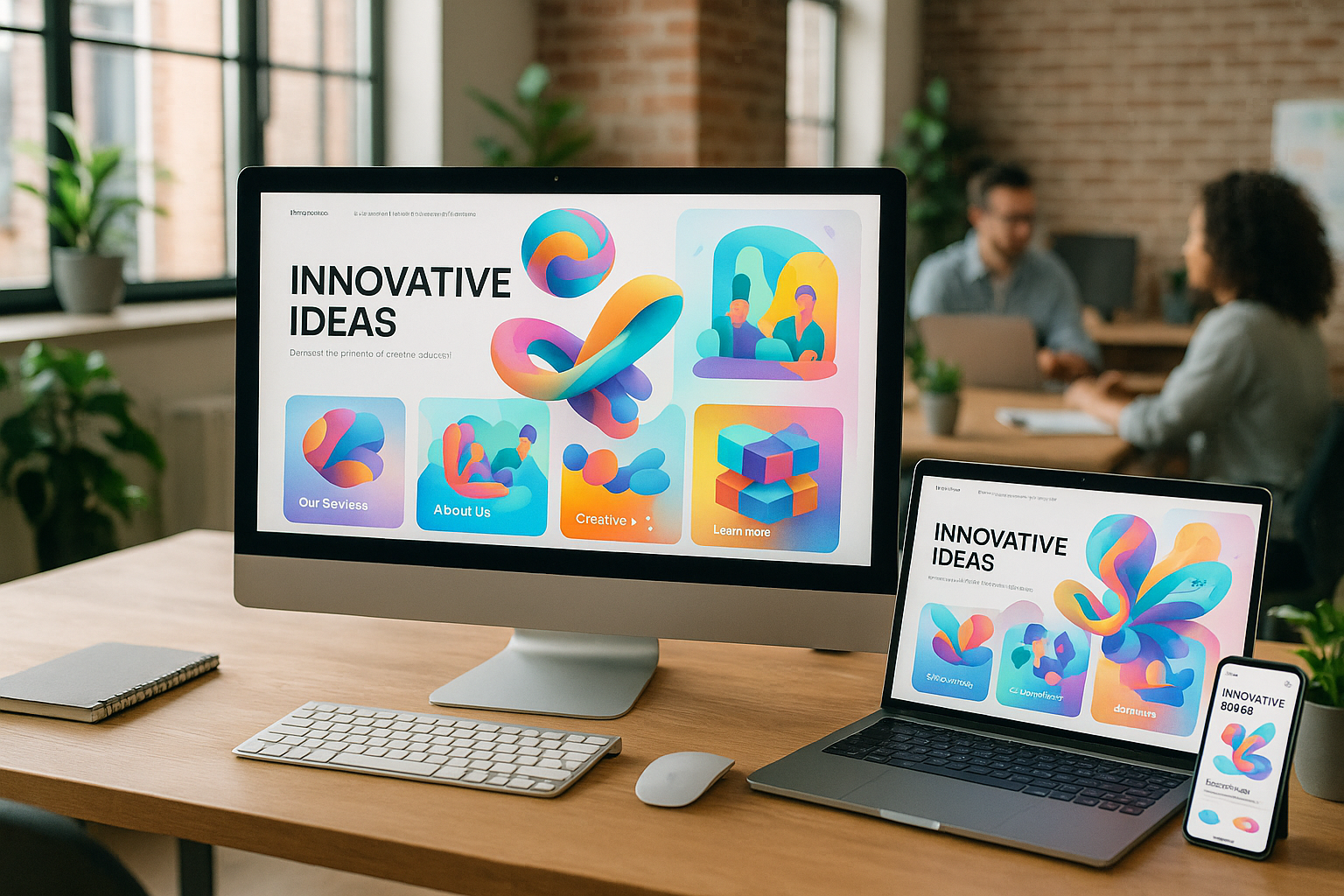 Bureau de design web moderne avec des éléments 3D innovants et des illustrations d'IA