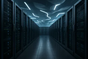 Un centre de données moderne avec des serveurs web, représenté de manière photoréaliste.