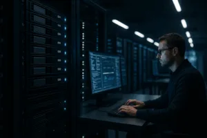 Un centre de données d'hébergement web moderne avec des professionnels de l'informatique au travail