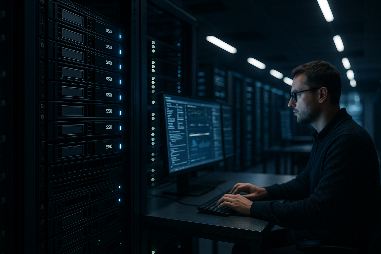 Un centre de données d'hébergement web moderne avec des professionnels de l'informatique au travail
