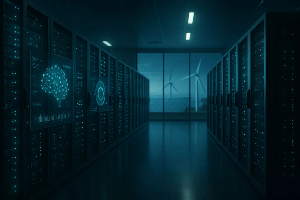 Un centre de données futuriste avec une infrastructure de serveurs moderne et de l'énergie verte