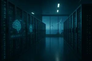 Un centre de données futuriste avec une infrastructure de serveurs moderne et de l'énergie verte