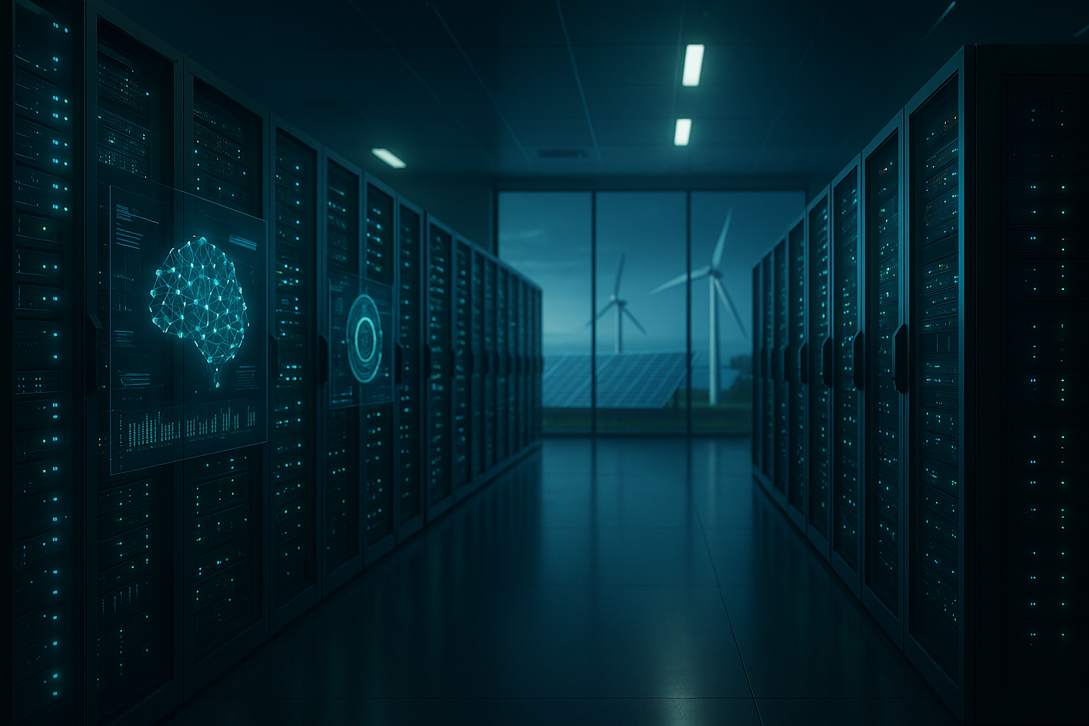 Un centre de données futuriste avec une infrastructure de serveurs moderne et de l'énergie verte