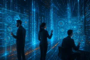 Représentation futuriste de l'intelligence artificielle sur Internet avec des flux de données et des serveurs modernes
