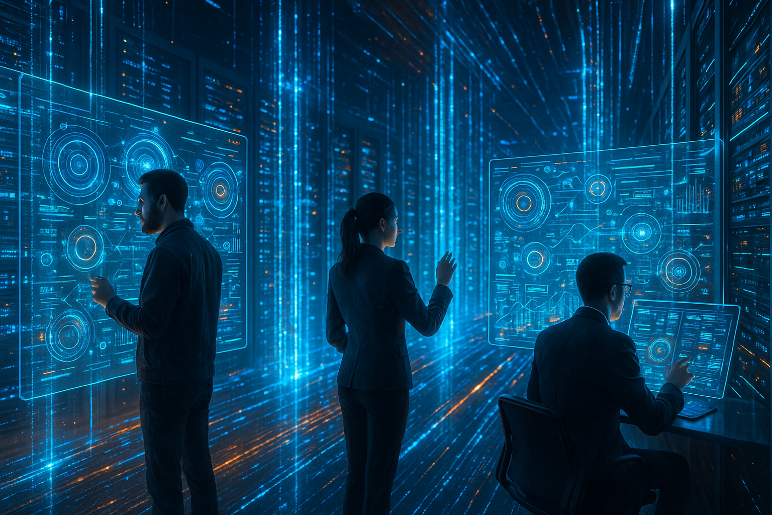 Représentation futuriste de l'intelligence artificielle sur Internet avec des flux de données et des serveurs modernes