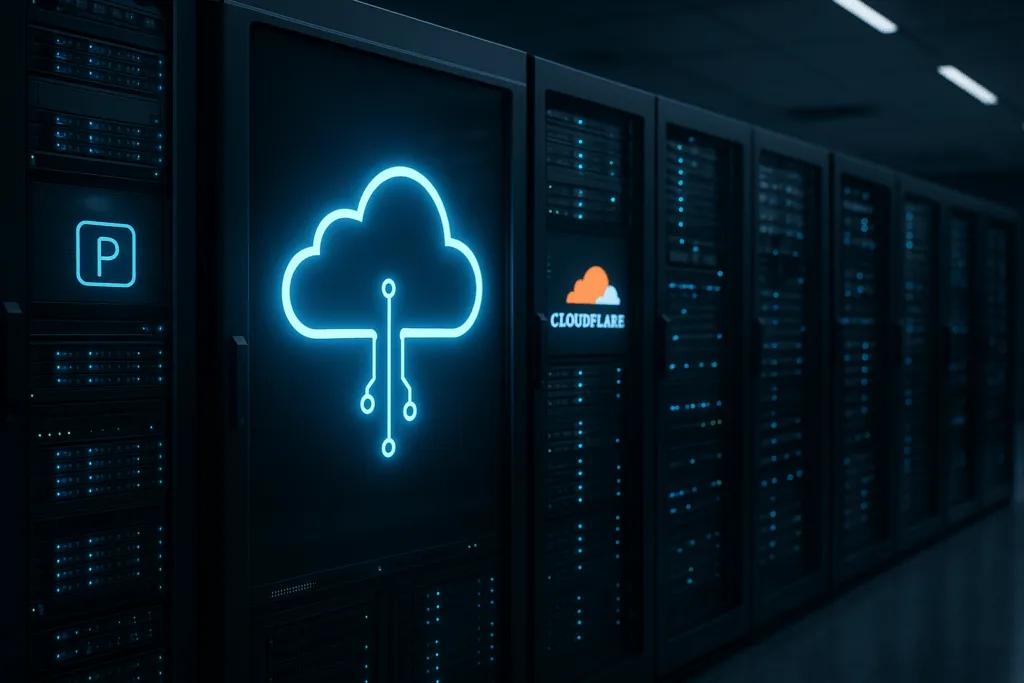 Salle de serveurs avec racks d'hébergement web modernes et branding numérique Cloudflare et Plesk