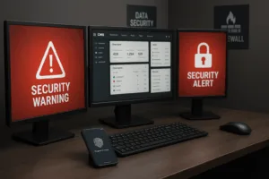 Image photoréaliste d'un environnement CMS sécurisé avec pare-feu et icônes de sécurité