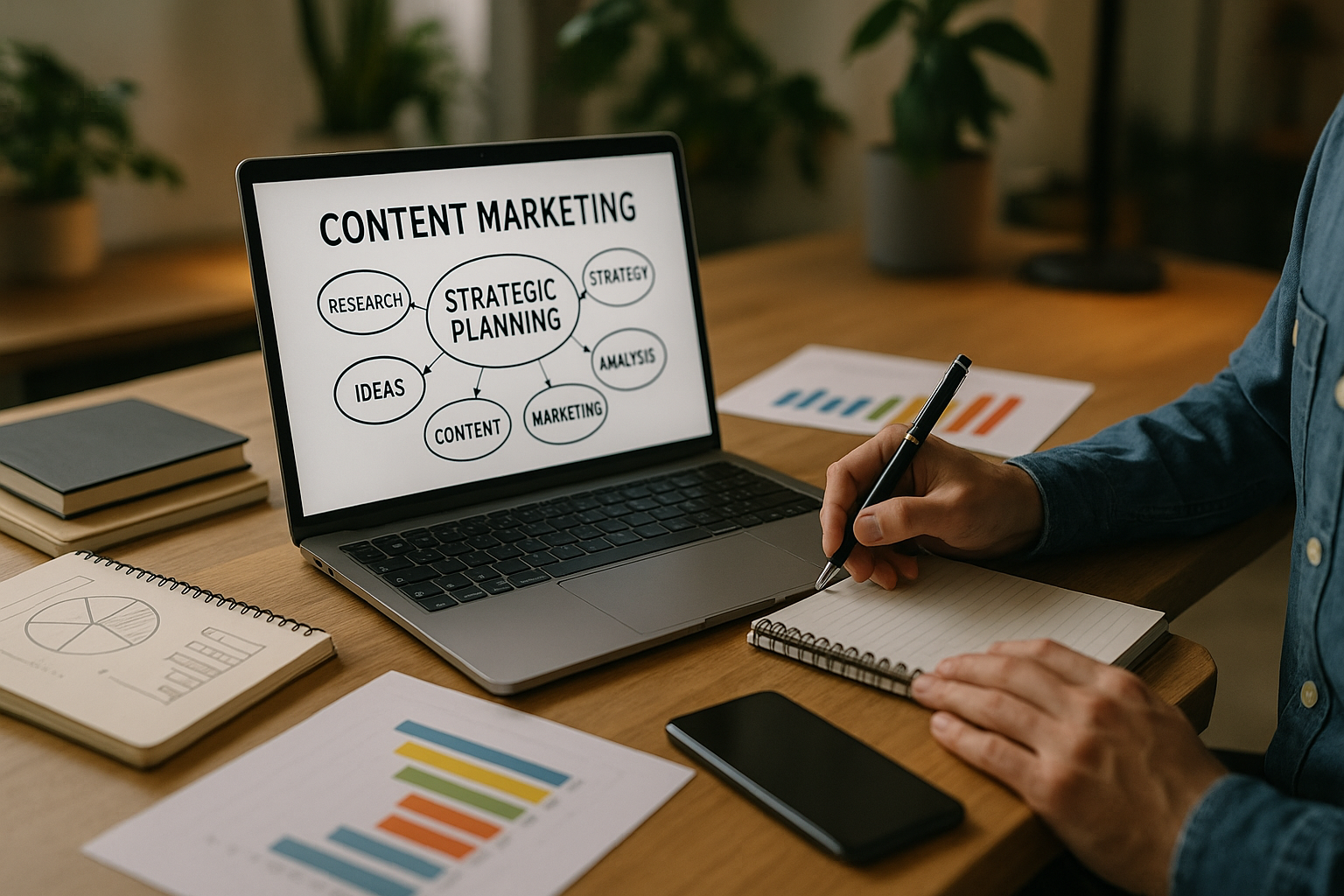 Planification stratégique de marketing de contenu sur ordinateur portable dans un bureau moderne