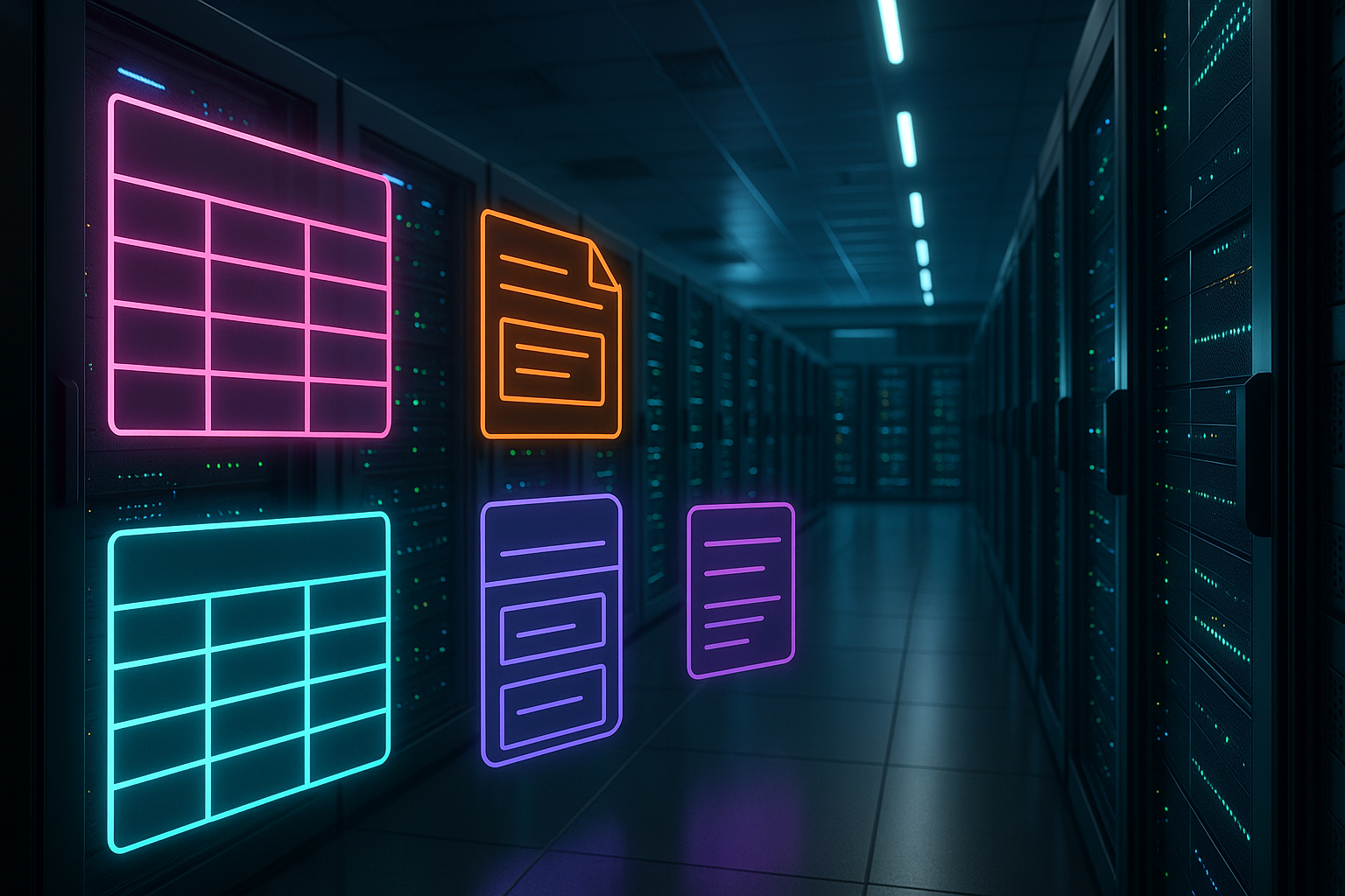 Représentation photoréaliste d'un centre de données moderne avec des éléments graphiques sur les bases de données SQL et NoSQL