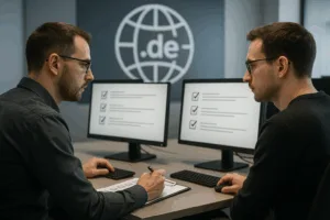 Les professionnels de l'informatique vérifient les écrans d'ordinateur et planifient un transfert de domaine sans erreur