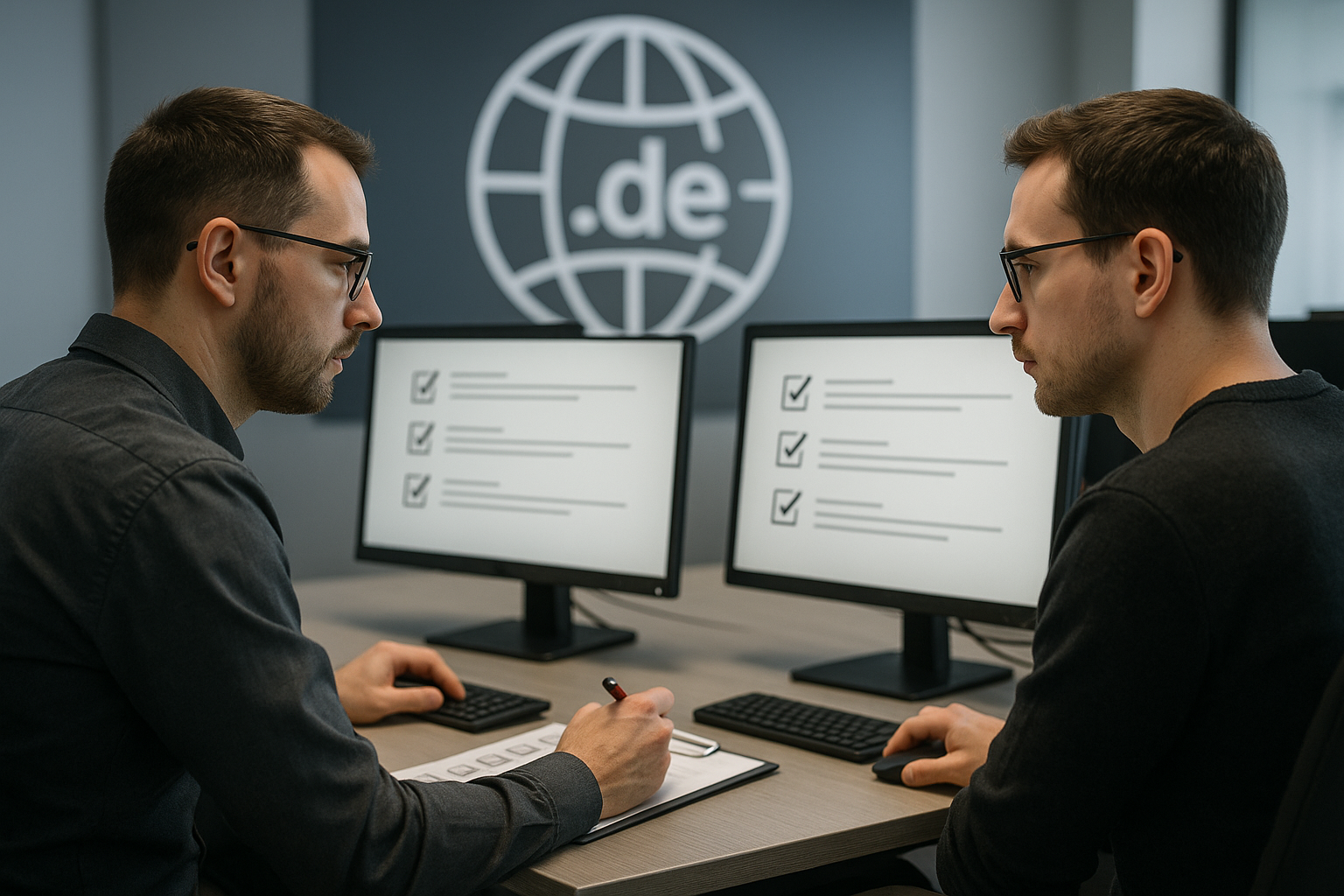 Les professionnels de l'informatique vérifient les écrans d'ordinateur et planifient un transfert de domaine sans erreur