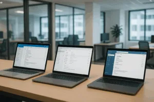 Poste de travail moderne avec clients de messagerie ouverts sur plusieurs ordinateurs portables