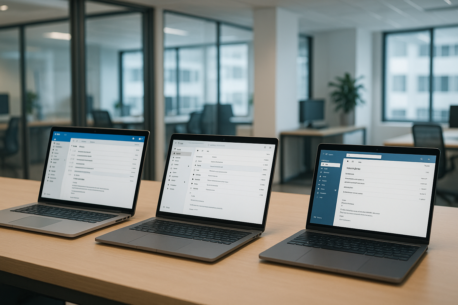 Poste de travail moderne avec clients de messagerie ouverts sur plusieurs ordinateurs portables