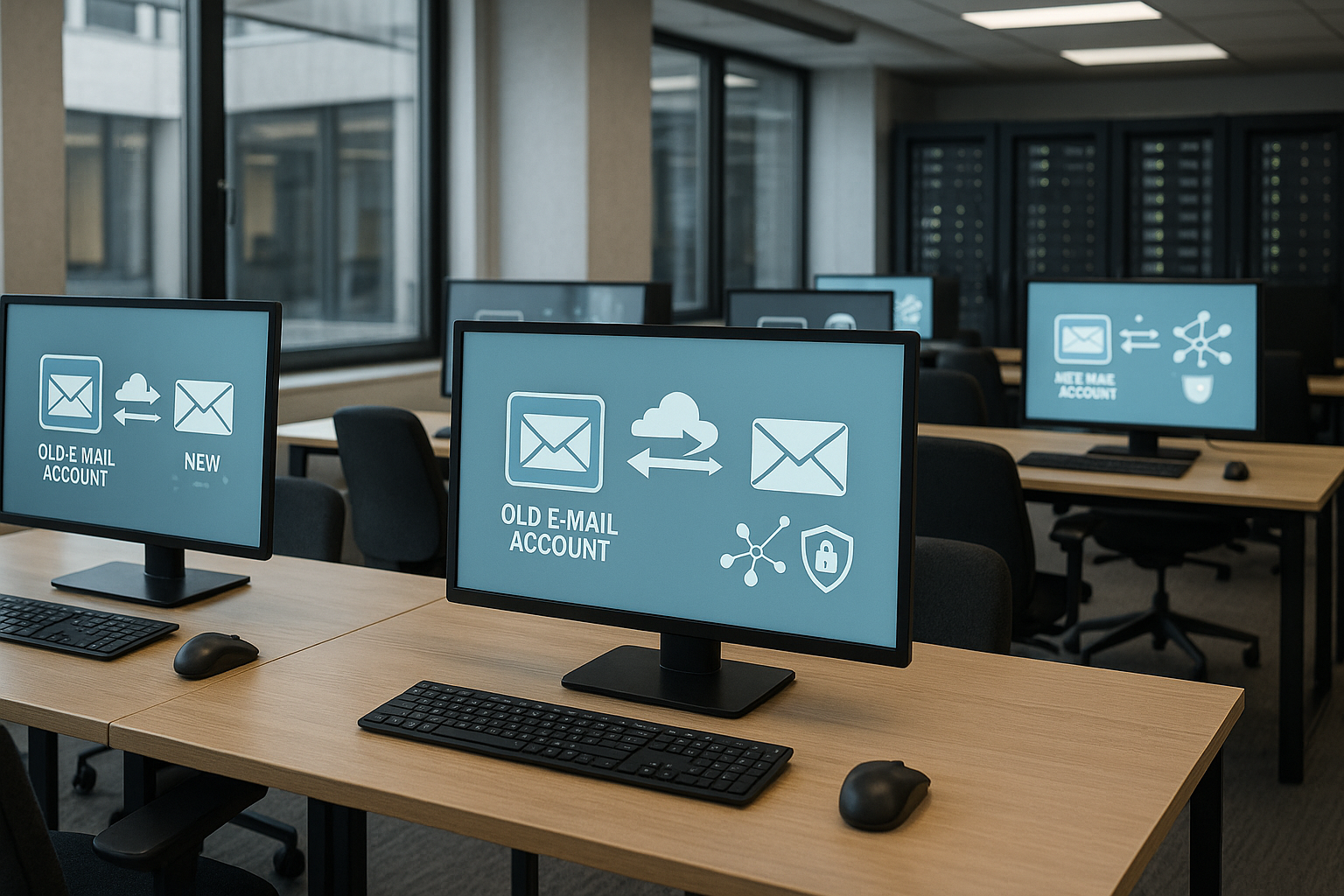 Migration du serveur de messagerie dans un bureau moderne avec transfert de données.