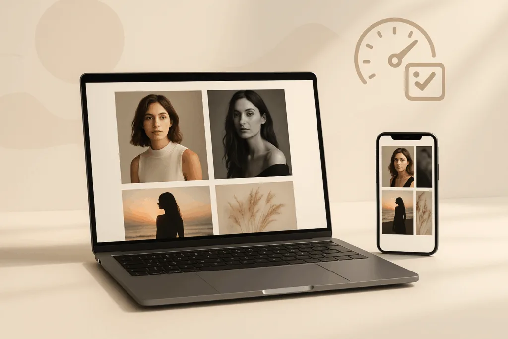 Portefeuille de photographies sur des appareils modernes avec optimisation exemplaire des images