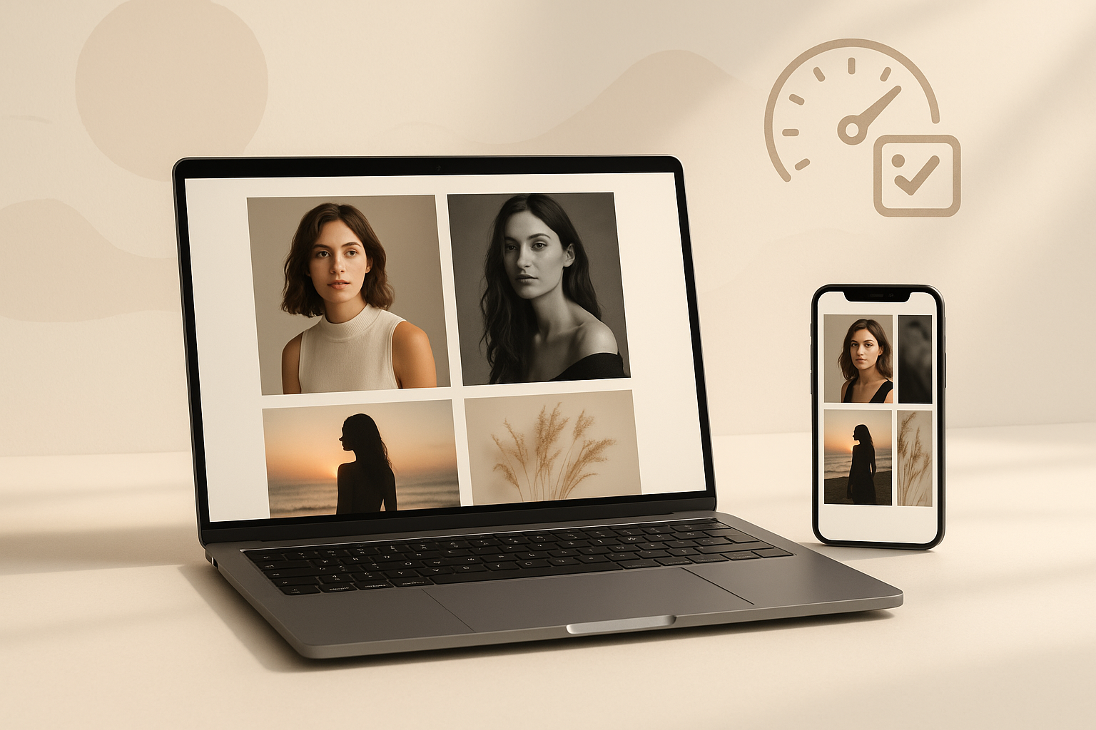 Portefeuille de photographies sur des appareils modernes avec optimisation exemplaire des images