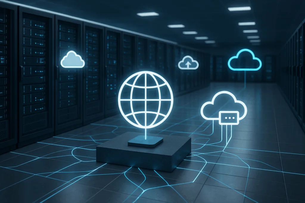 Infrastructure de cloud hybride futuriste dans un centre de données avec connexions réseau mondiales et serveurs de périphérie
