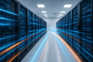 Salle de serveurs avec racks modernes et effets de vitesse numériques, symbole de site web rapide avec LiteSpeed