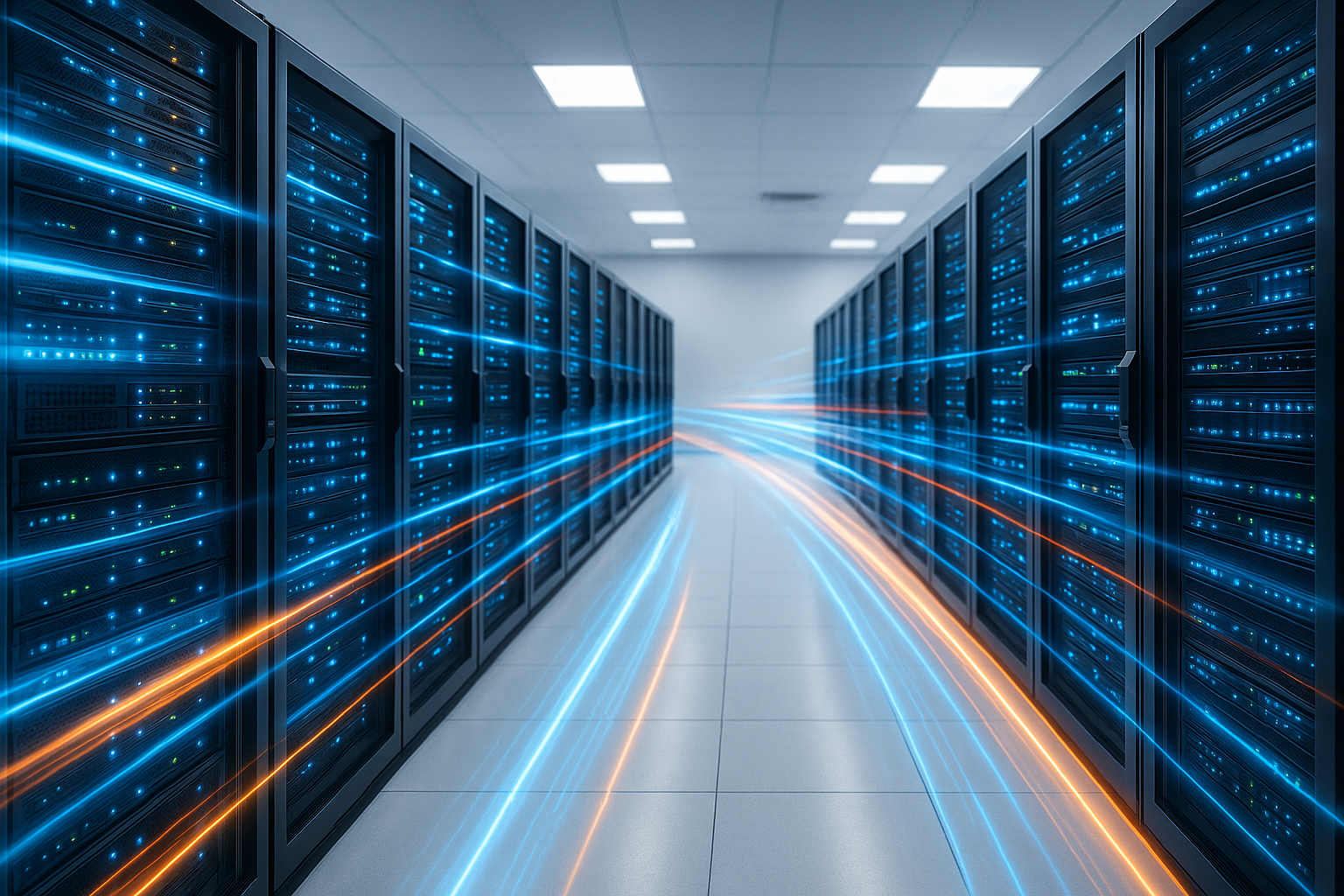 Salle de serveurs avec racks modernes et effets de vitesse numériques, symbole de site web rapide avec LiteSpeed