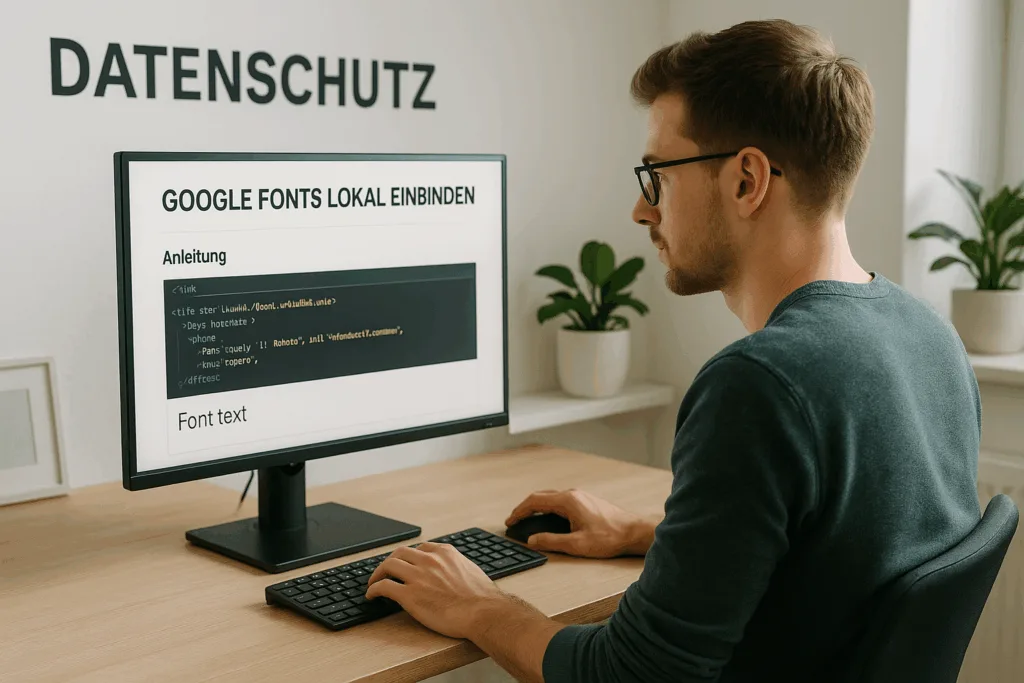 Un développeur de site web intègre Google Fonts localement sur son PC, bureau moderne