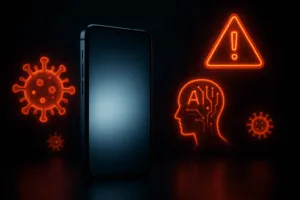 Smartphone photoréaliste au centre, entouré d'icônes de menaces numériques et de cybersécurité