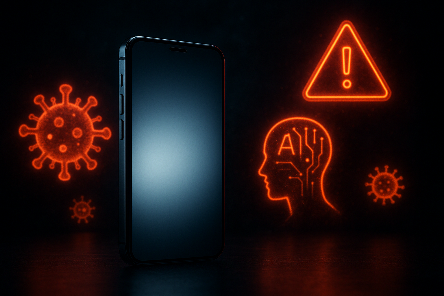 Smartphone photoréaliste au centre, entouré d'icônes de menaces numériques et de cybersécurité