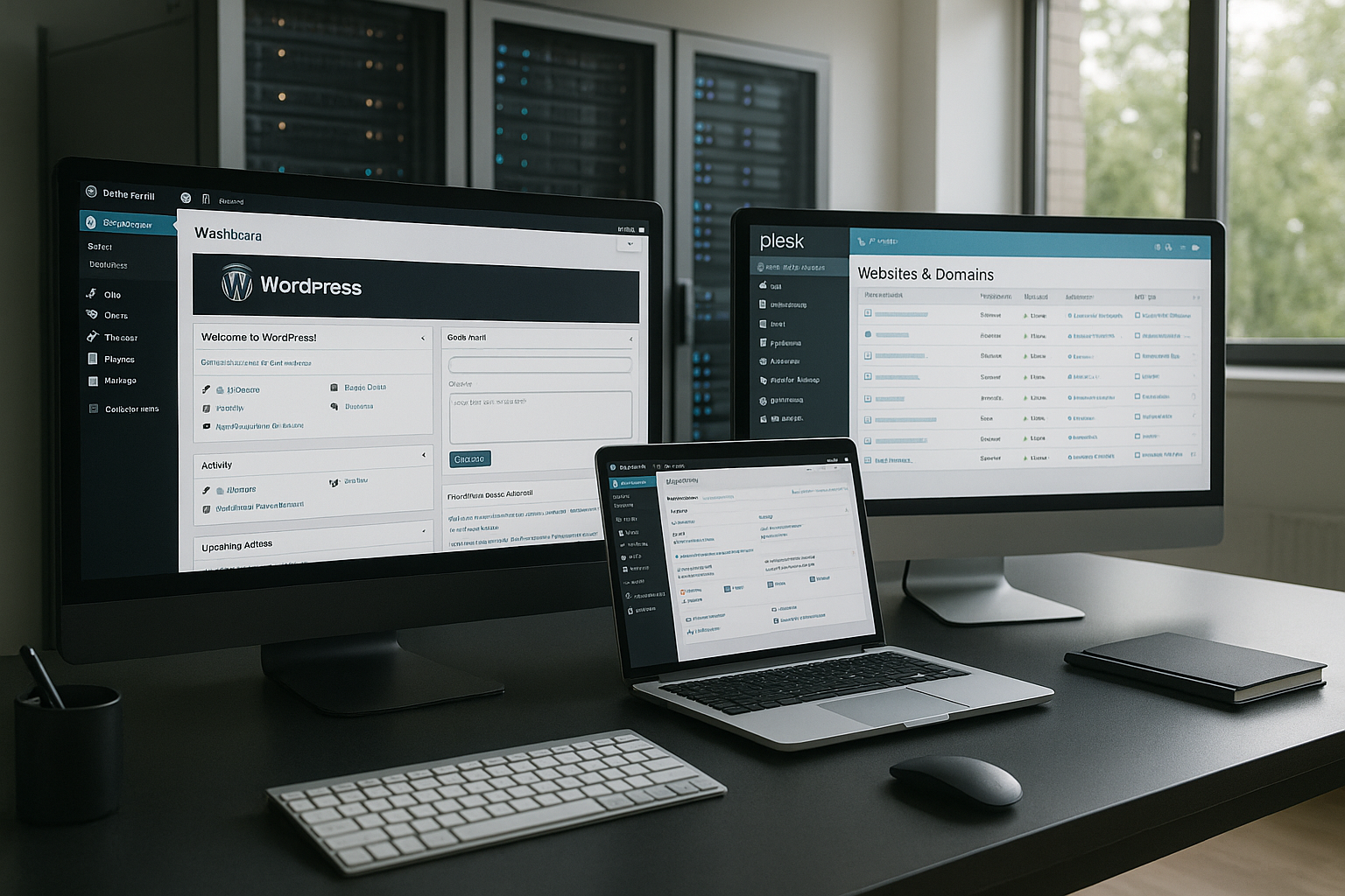 Poste de travail avec tableau de bord multisite WordPress et panneau Plesk ouverts