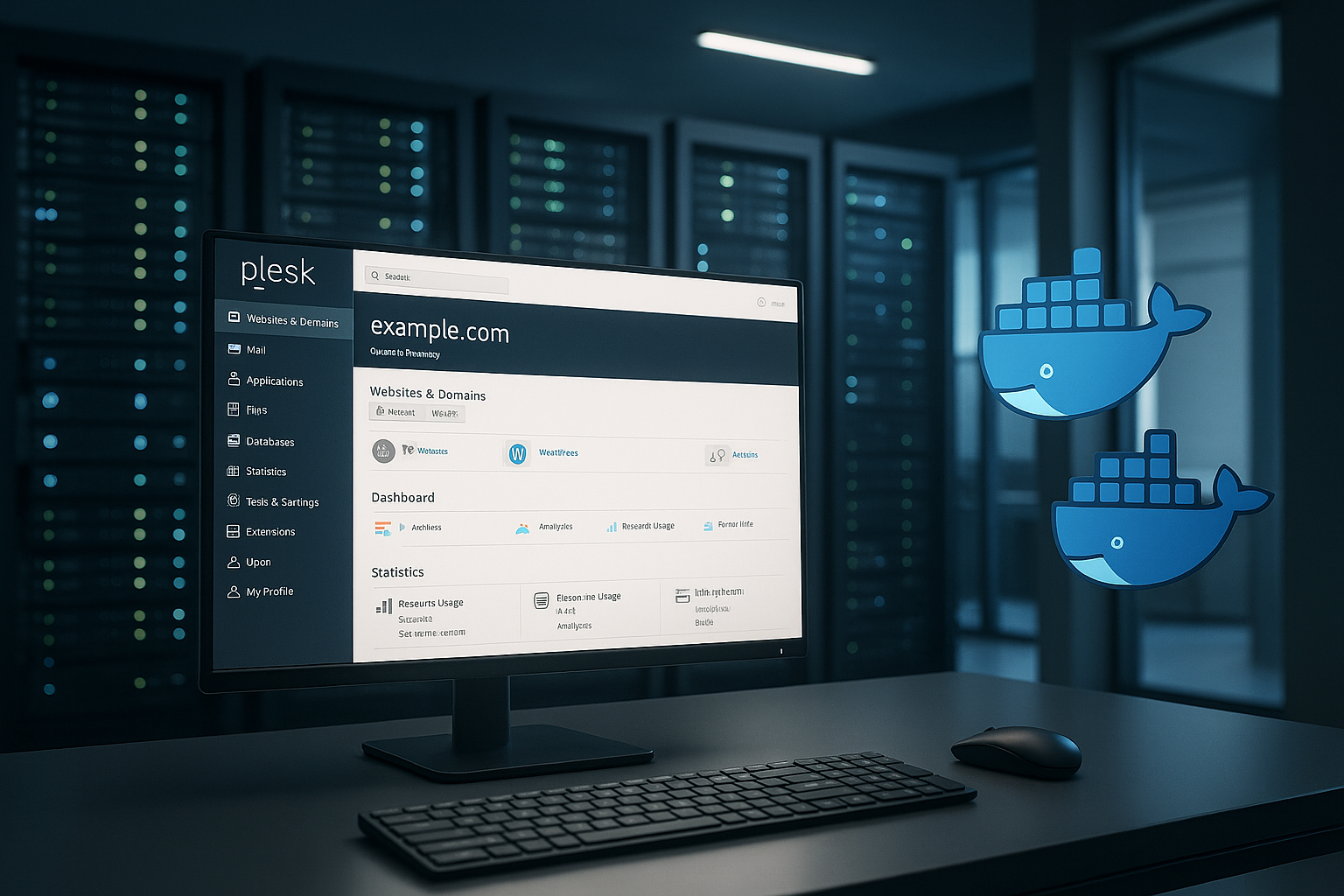 Tableau de bord Plesk avec intégration de conteneurs Docker sur un serveur moderne