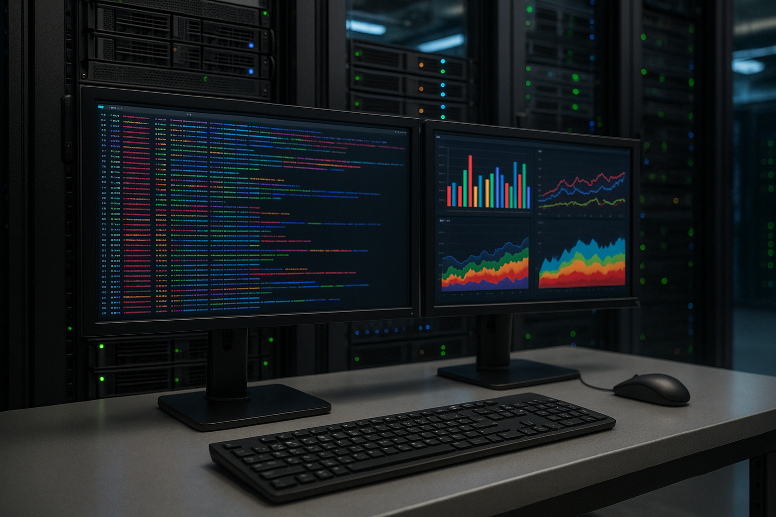 Rack de serveurs avec moniteurs pour l'analyse des logs et les statistiques dans un centre de données